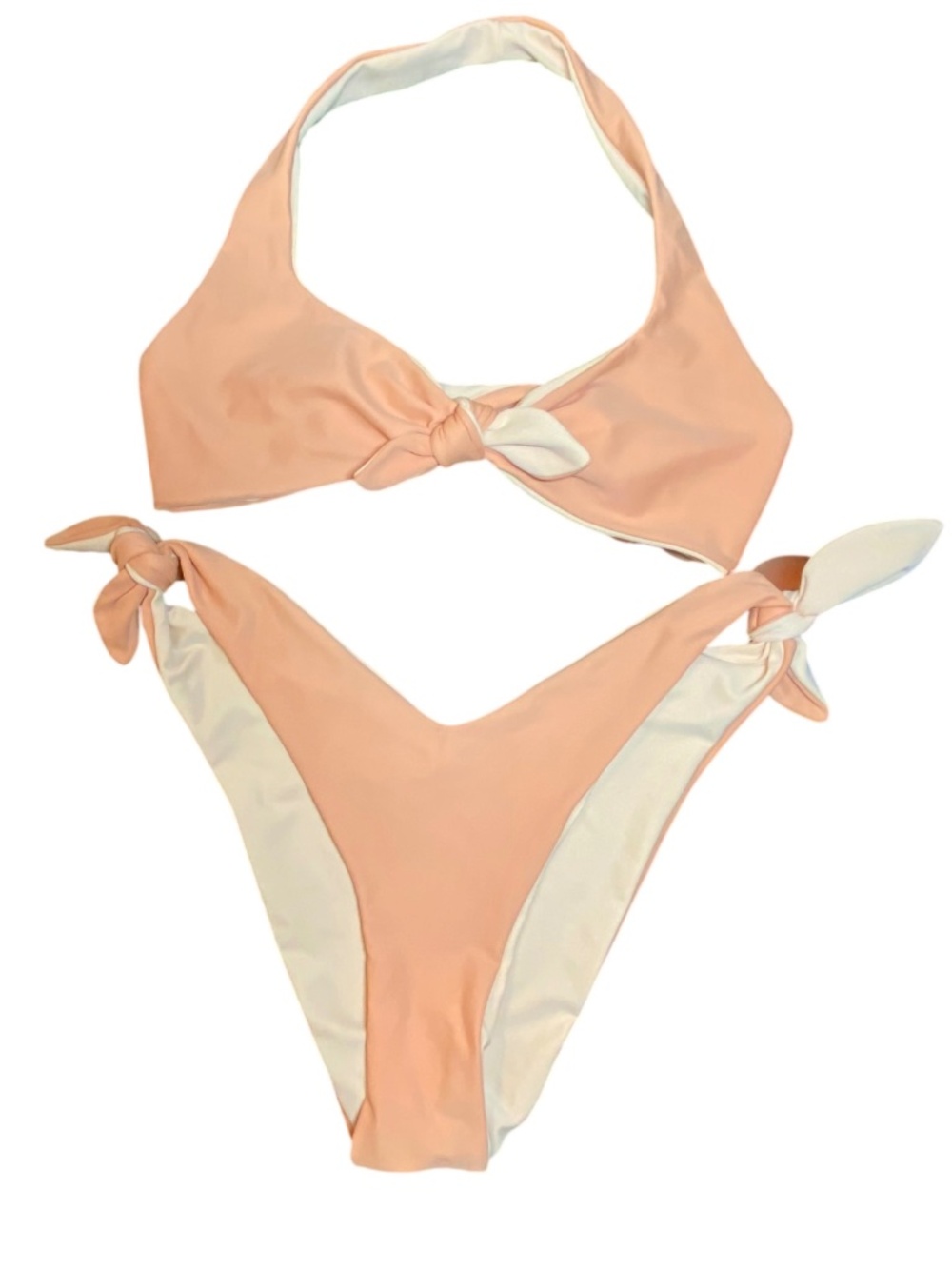 NWOT Reversible Peach Ivory Halter Bikini Set • Y2K High Leg Side Tie Swimsuit S